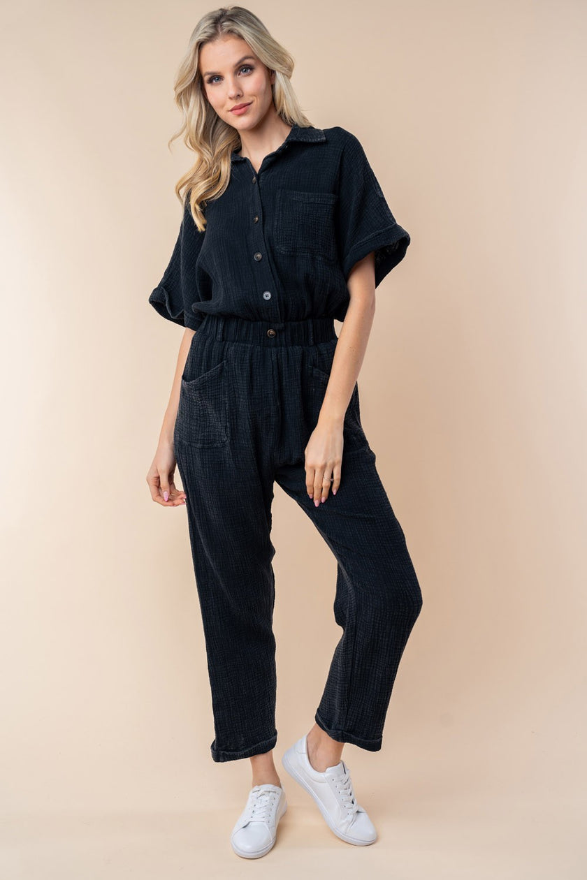 White Birch Texture Short Sleeve Jumpsuit - LACEDUPED