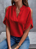 Notched Cold Shoulder Half Sleeve Blouse - LACEDUPED