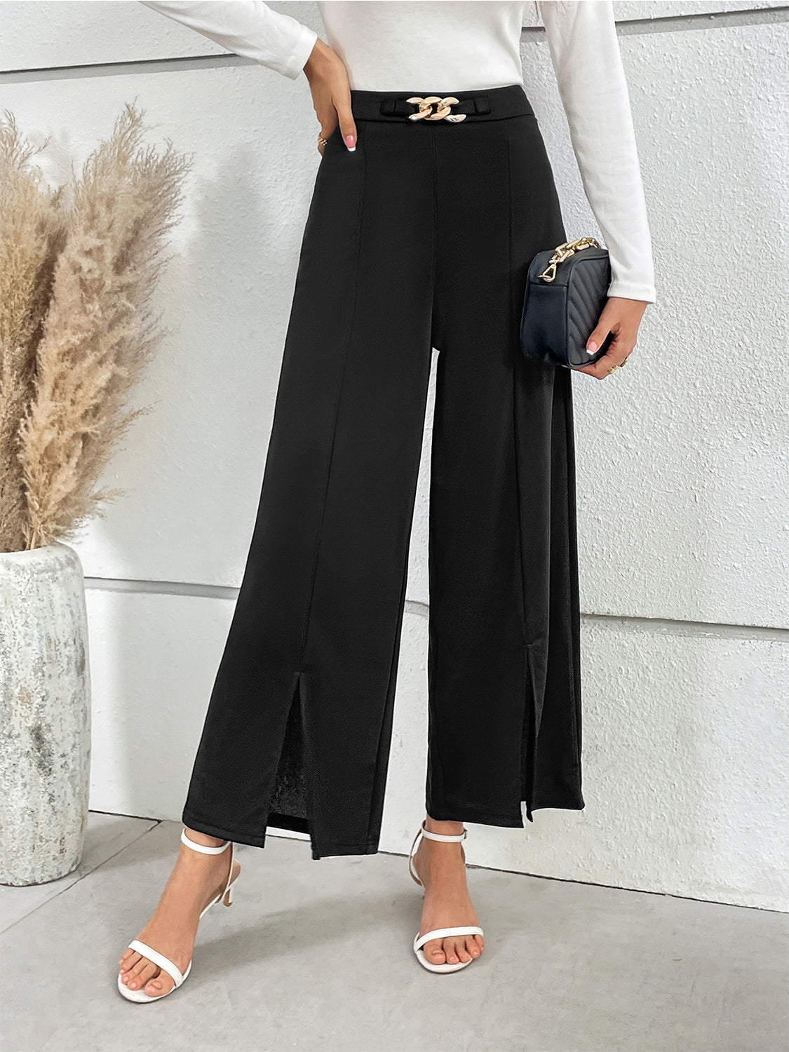 Chain Detail Slit Straight Pants - LACEDUPED