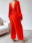 Plunge Smocked Flounce Sleeve Jumpsuit - LACEDUPED