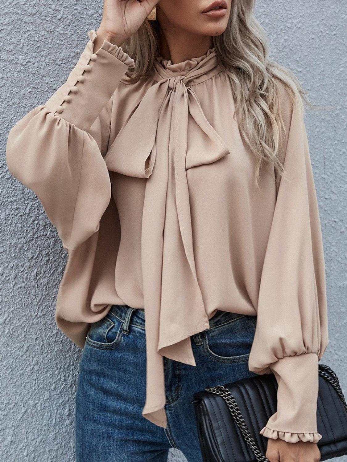 Tie Neck Lantern Sleeve Blouse - LACEDUPED