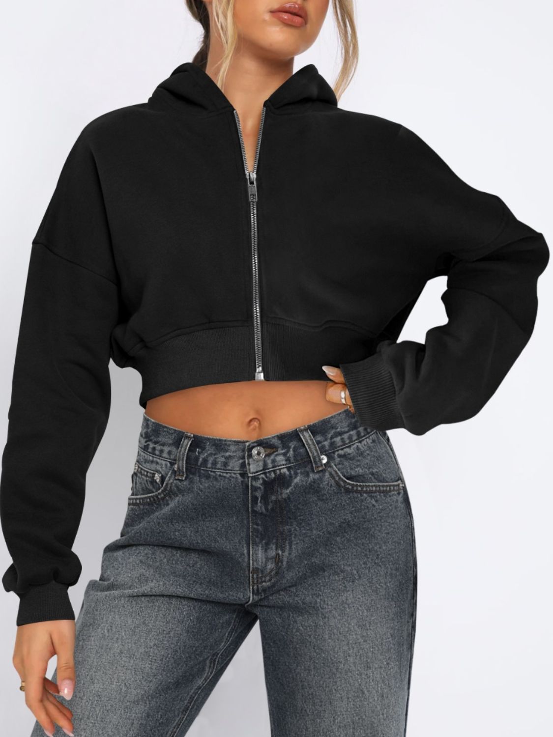 Zip Up Long Sleeve Hooded Cropped Jacket - LACEDUPED