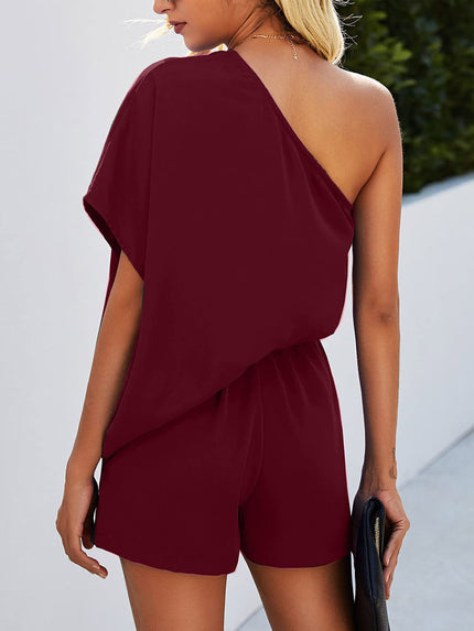Single Shoulder Batwing Sleeve Romper - LACEDUPED