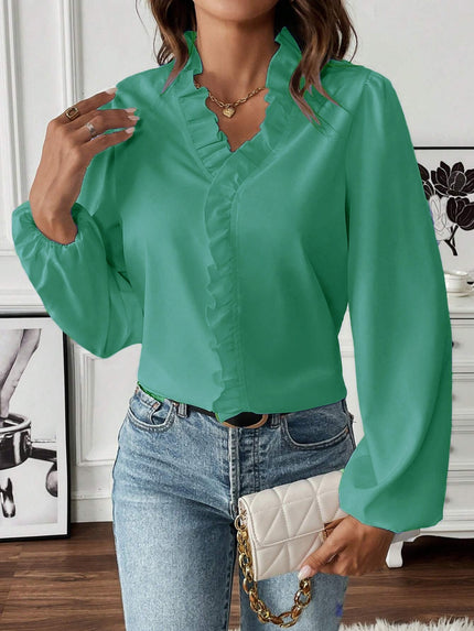 Ruffled V-Neck Long Sleeve Blouse - LACEDUPED