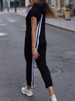 Striped Short Sleeve Hooded Jumpsuit - LACEDUPED