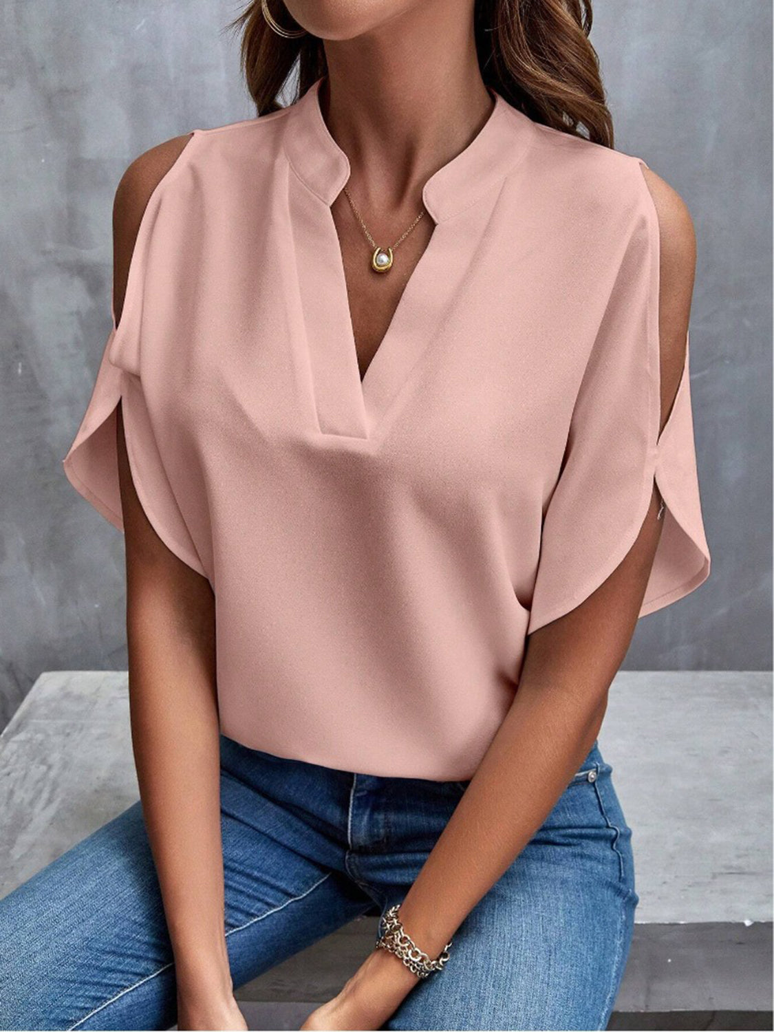 Notched Cold Shoulder Half Sleeve Blouse - LACEDUPED