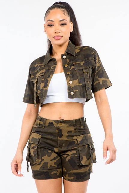 American Bazi Full Size Camouflage Short Sleeve Cropped Jacket - LACEDUPED