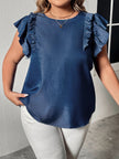 Honey Plus Size Round Neck Flounce Sleeve Frill Trim Blouse