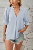 Notched Half Sleeve Blouse - LACEDUPED