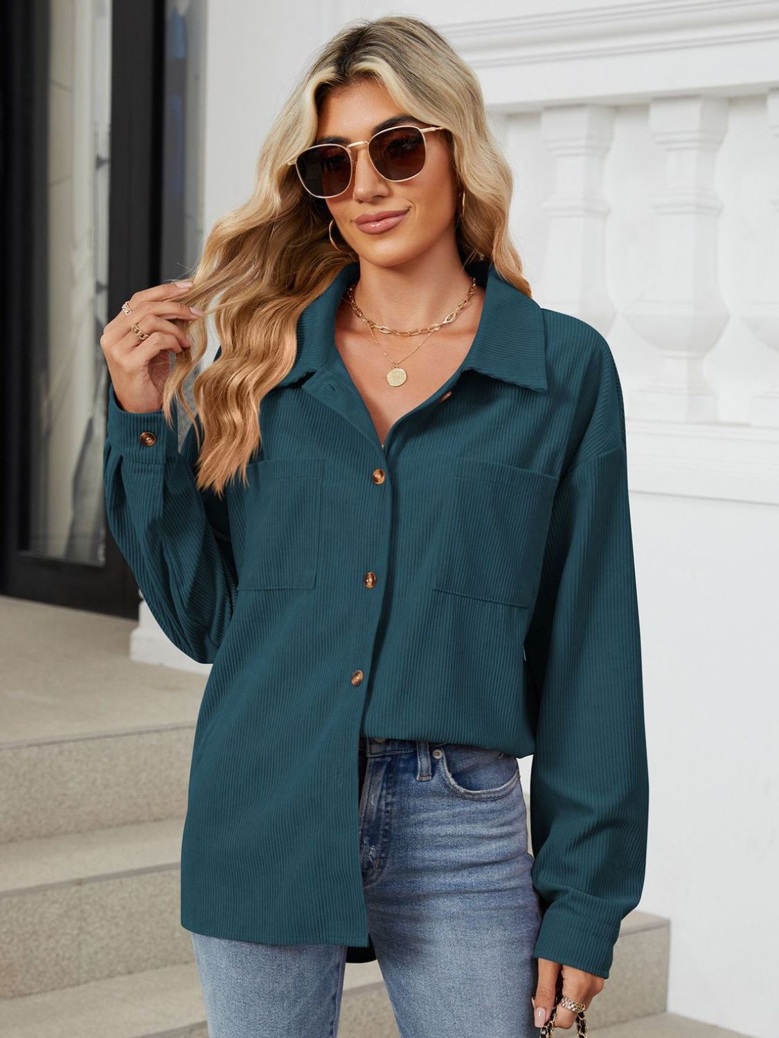 Button Up Dropped Shoulder Long Sleeve Outerwear - LACEDUPED