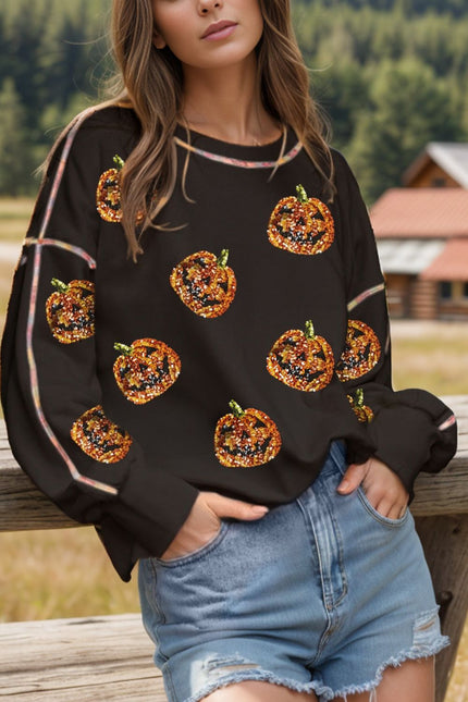 Sequin Pumpkin Round Neck Long Sleeve Sweatshirt - LACEDUPED