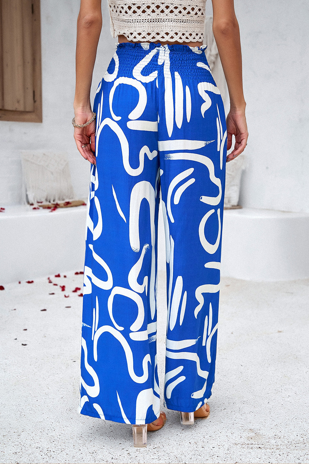 Smocked Printed Wide Leg Pants with Pockets - LACEDUPED