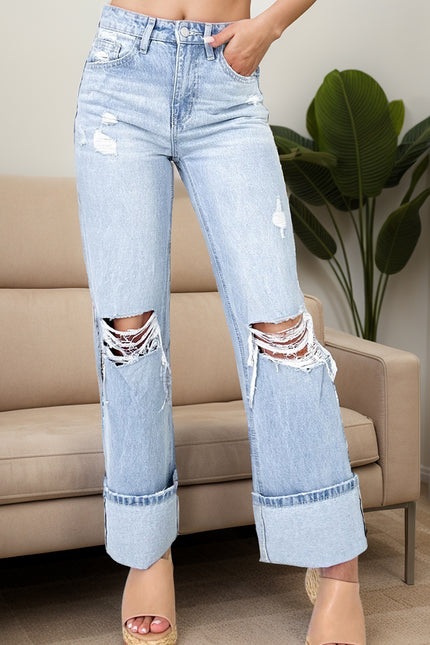 Distressed High Waist Jeans with Pockets - LACEDUPED