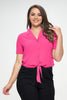 Plus Solid Chiffon Button Down Tie Front Short Sleeve Top