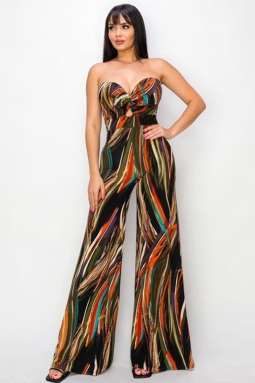 Allover Print Twist Front Wide Leg Jumpsuit - LACEDUPED