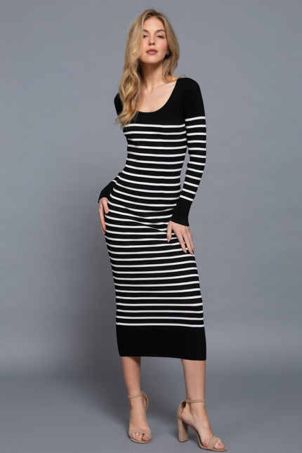 Long Slv Round Neck Stripe Sweater Long Dress