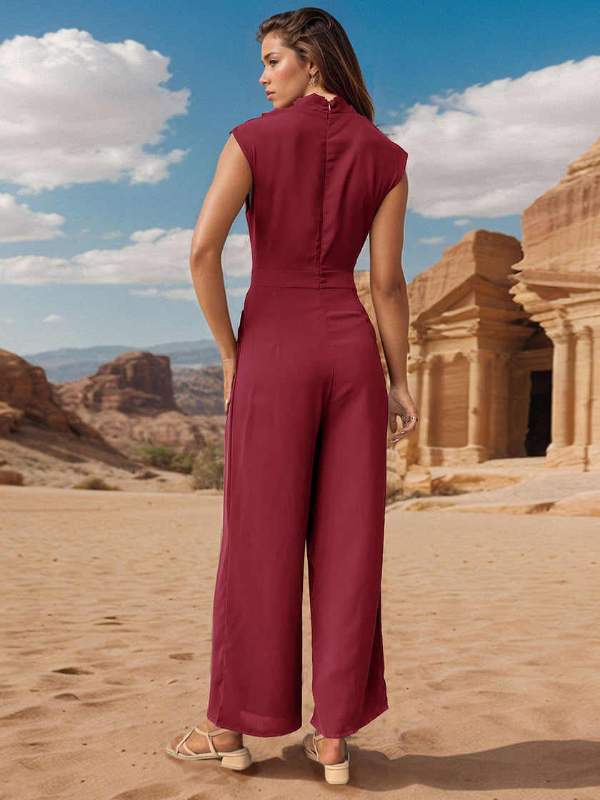 Ruched Mock Neck Sleeveless Jumpsuit - LACEDUPED