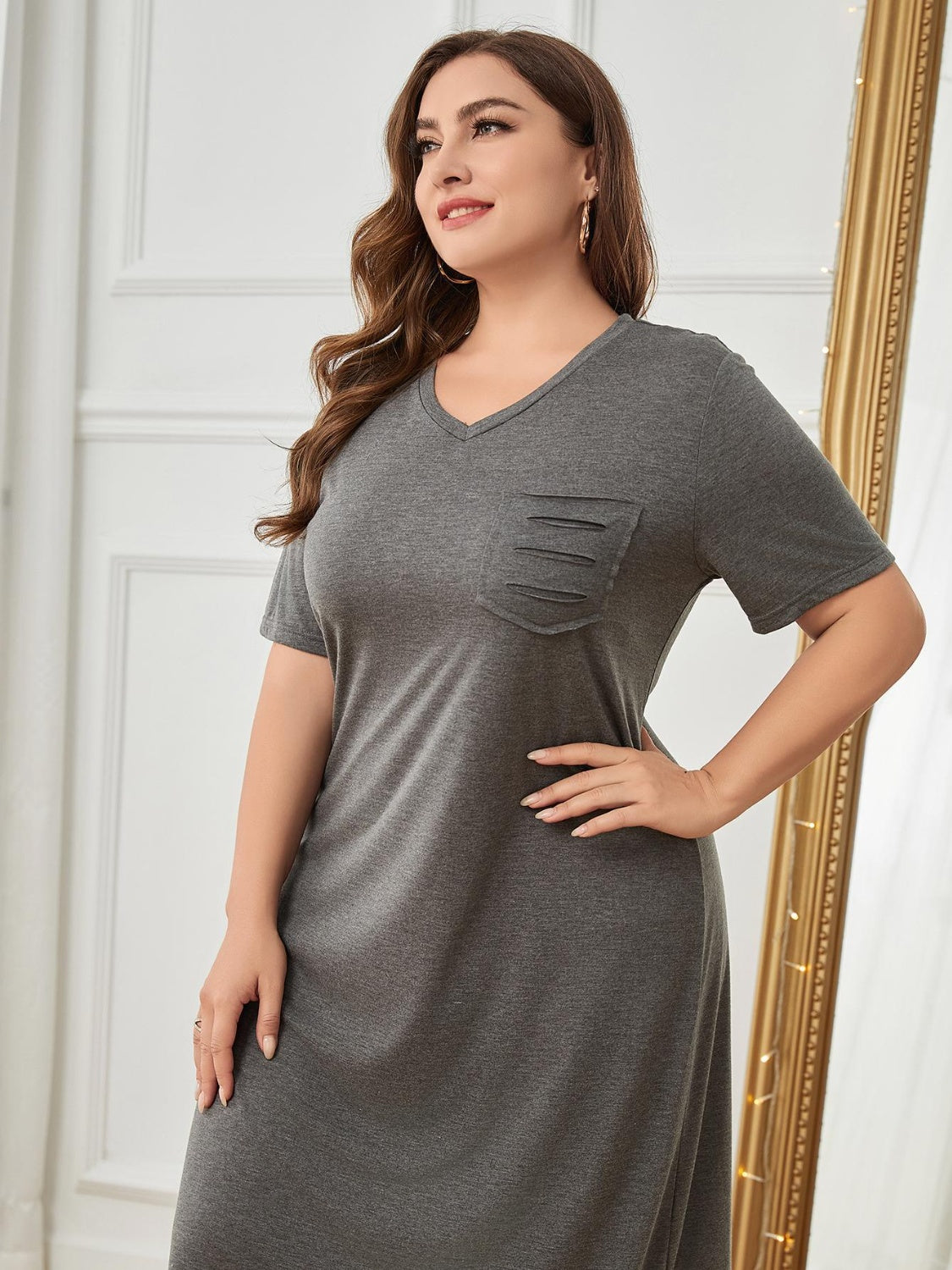 Plus Size Pocketed V-Neck Short Sleeve Lounge Dress