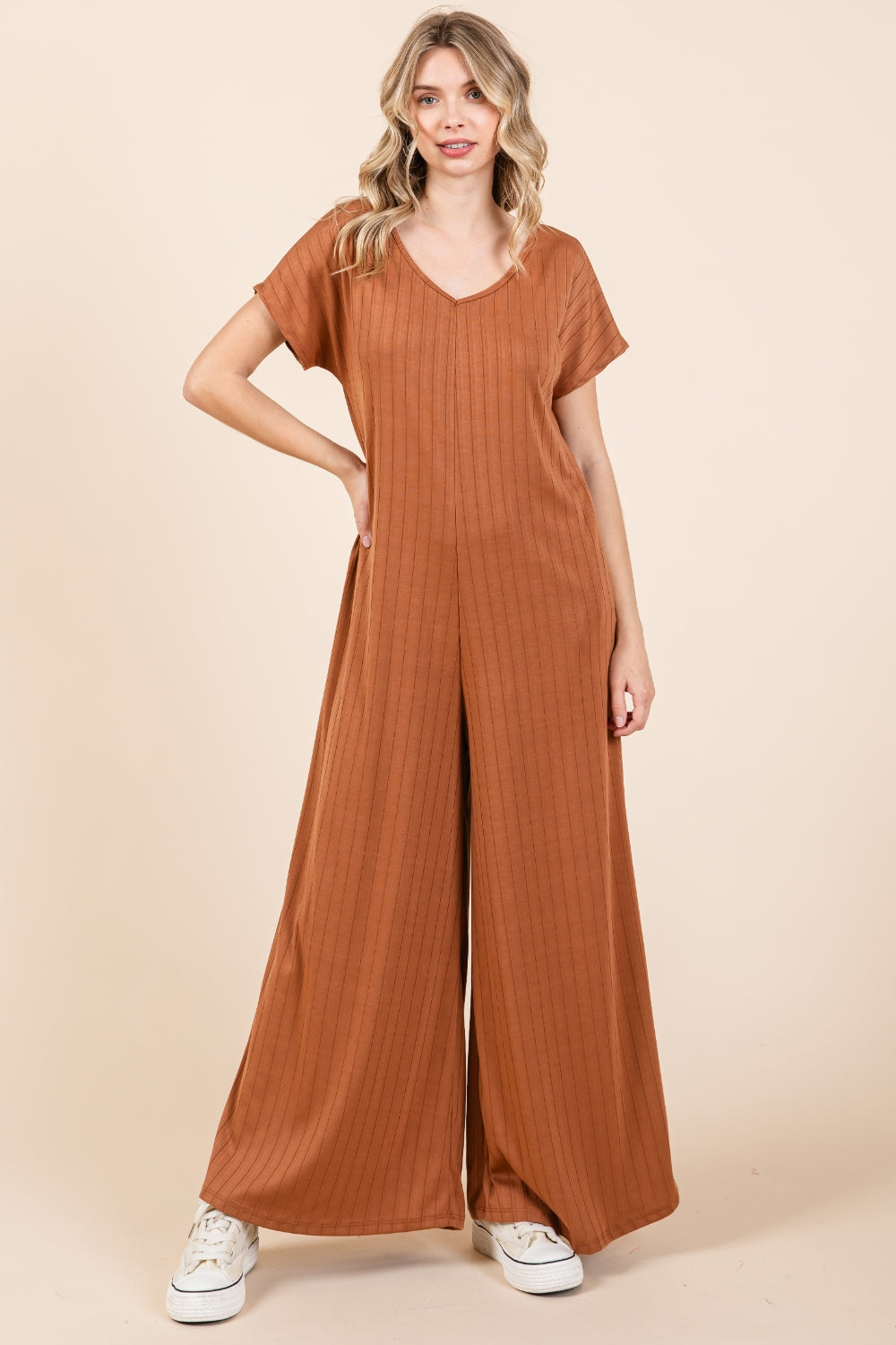 BOMBOM Ribbed Short Sleeve Wide Leg Jumpsuit - LACEDUPED