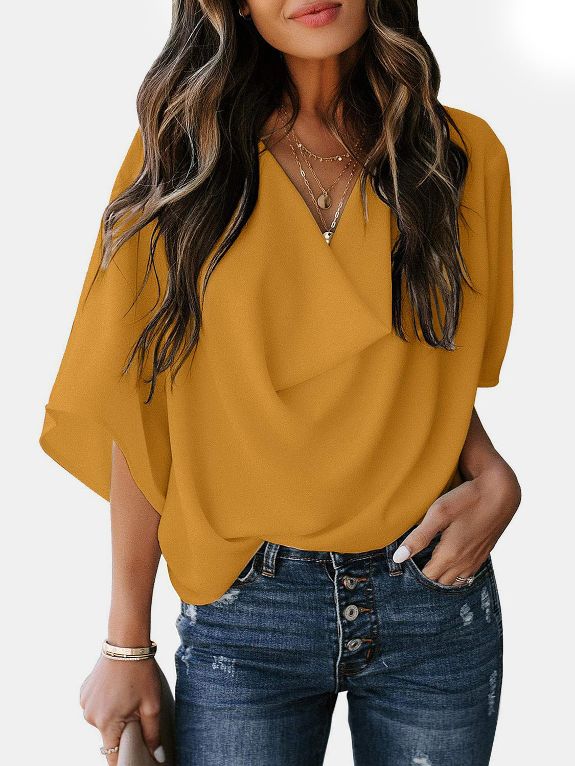 Full Size Cowl Neck Three-Quarter Sleeve Blouse - LACEDUPED