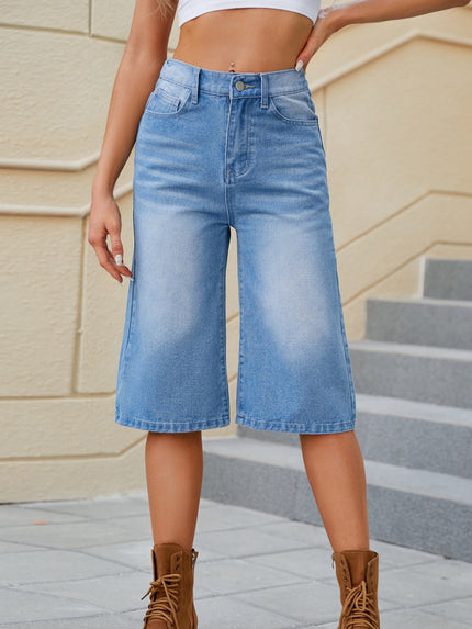 High Waist Denim Shorts with Pockets - LACEDUPED