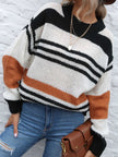 Contrast Striped Round Neck Long Sleeve Sweater - LACEDUPED