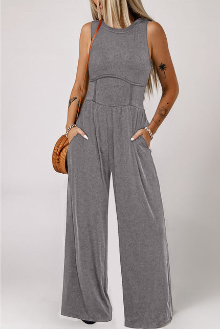 Round Neck Sleeveless Jumpsuit with Pockets - LACEDUPED