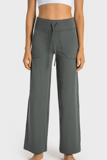 Drawstring Waist Wide Leg Sports Pants with Pockets - LACEDUPED