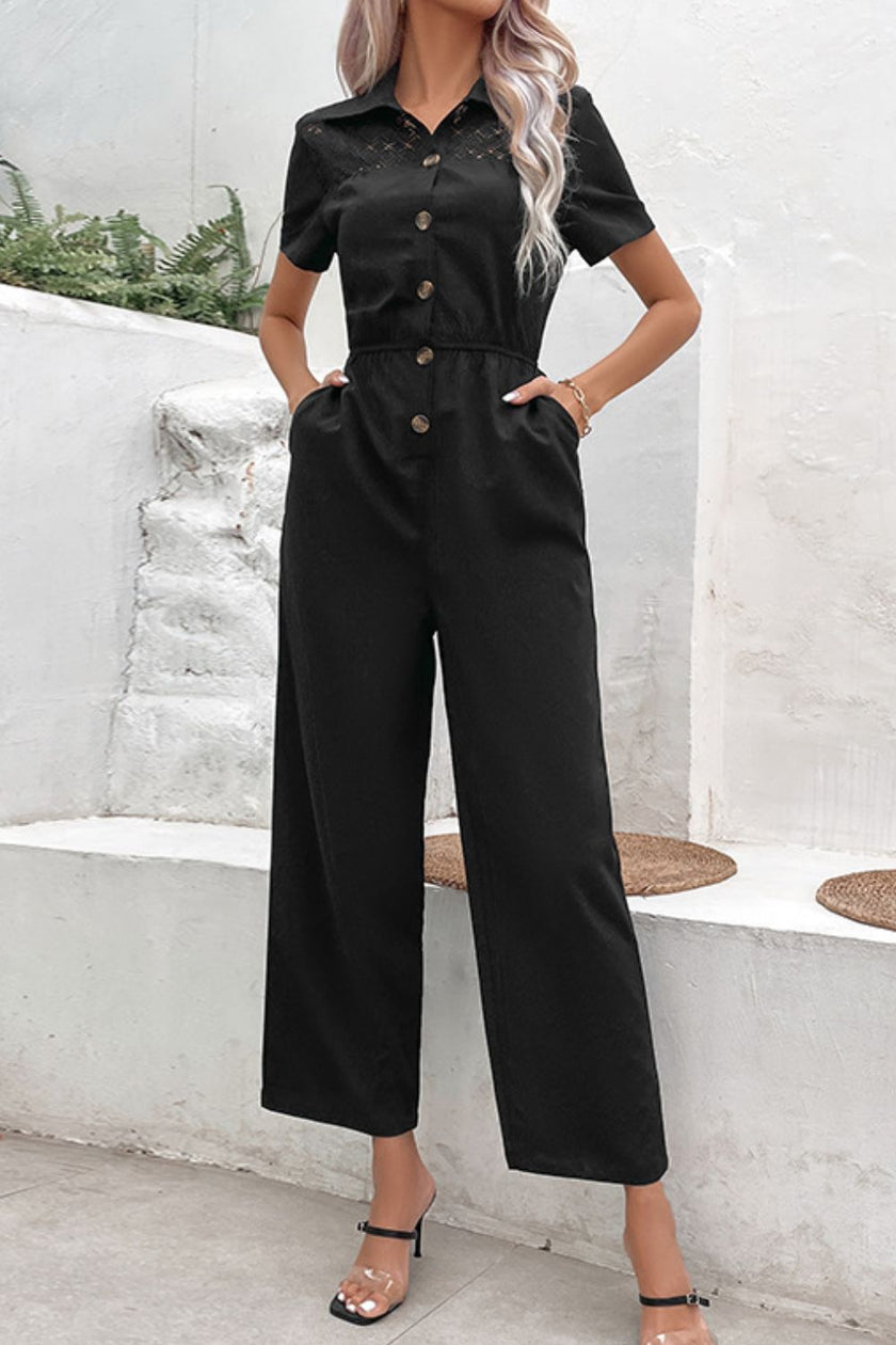 Collared Neck Short Sleeve Jumpsuit - LACEDUPED