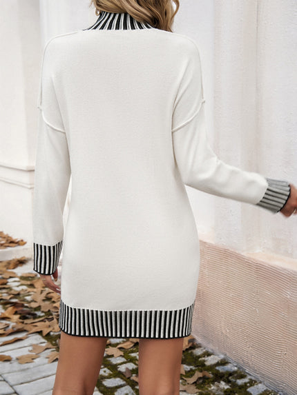 Devine Striped Mock Neck Long Sleeve Sweater Dress