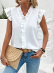 Ruffled V-Neck Cap Sleeve Blouse - LACEDUPED