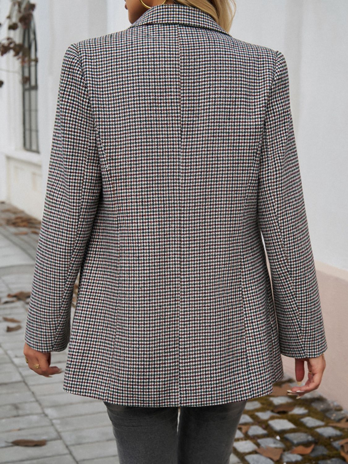 Devine Pocketed Houndstooth Long Sleeve Blazer - LACEDUPED