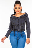 American Bazi Off Shoulder Lace Up Denim Jacket - LACEDUPED