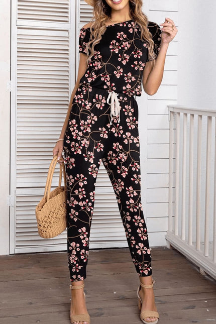 Asymmetrical Neck Short Sleeve Jumpsuit - LACEDUPED