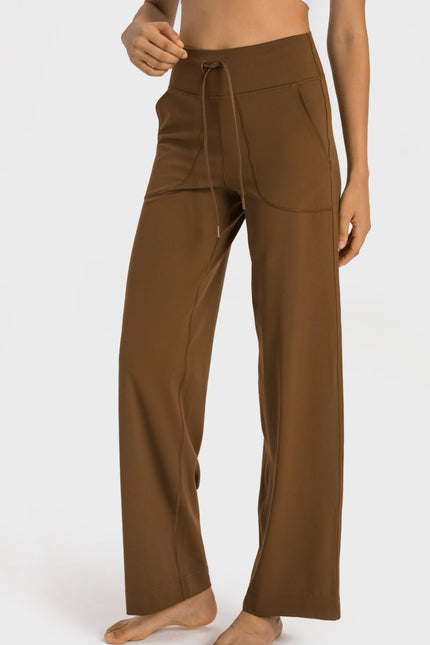 Drawstring Waist Wide Leg Sports Pants with Pockets - LACEDUPED