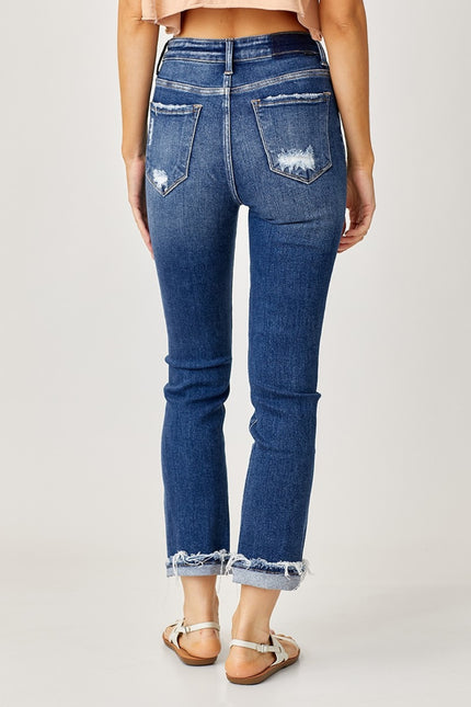 Risen Full Size High-Rise Frayed Cuffed Straight Jeans - LACEDUPED