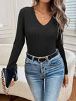 Ribbed V-Neck Long Sleeve T-Shirt