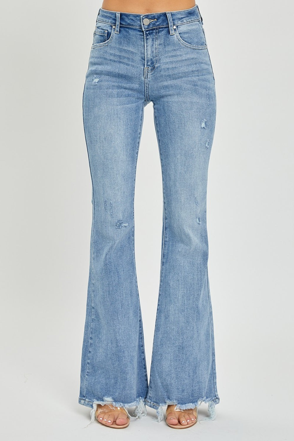 Risen Full Size High Rise Frayed Hem Flare Jeans - LACEDUPED