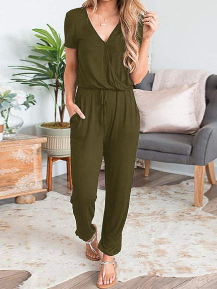 Drawstring Surplice Short Sleeve Jumpsuit - LACEDUPED