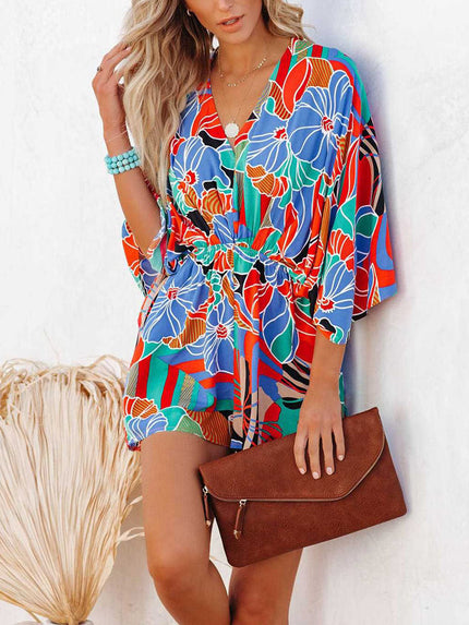 Tied Printed Kimono Sleeve Romper - LACEDUPED