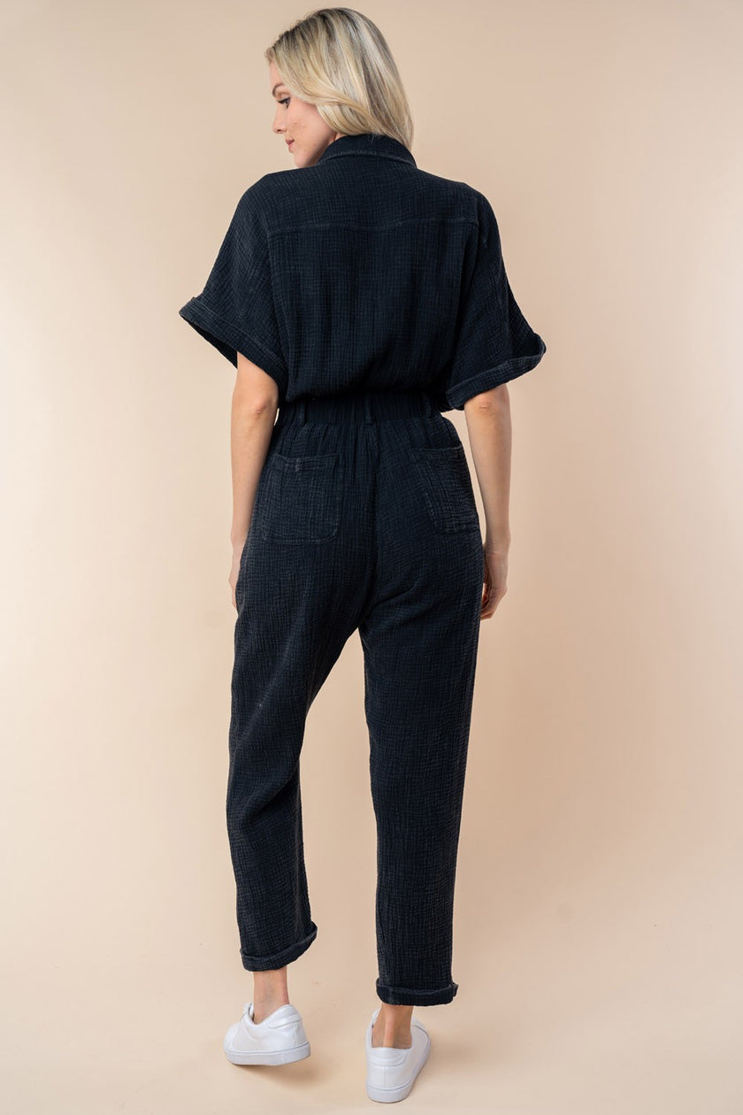 White Birch Texture Short Sleeve Jumpsuit - LACEDUPED