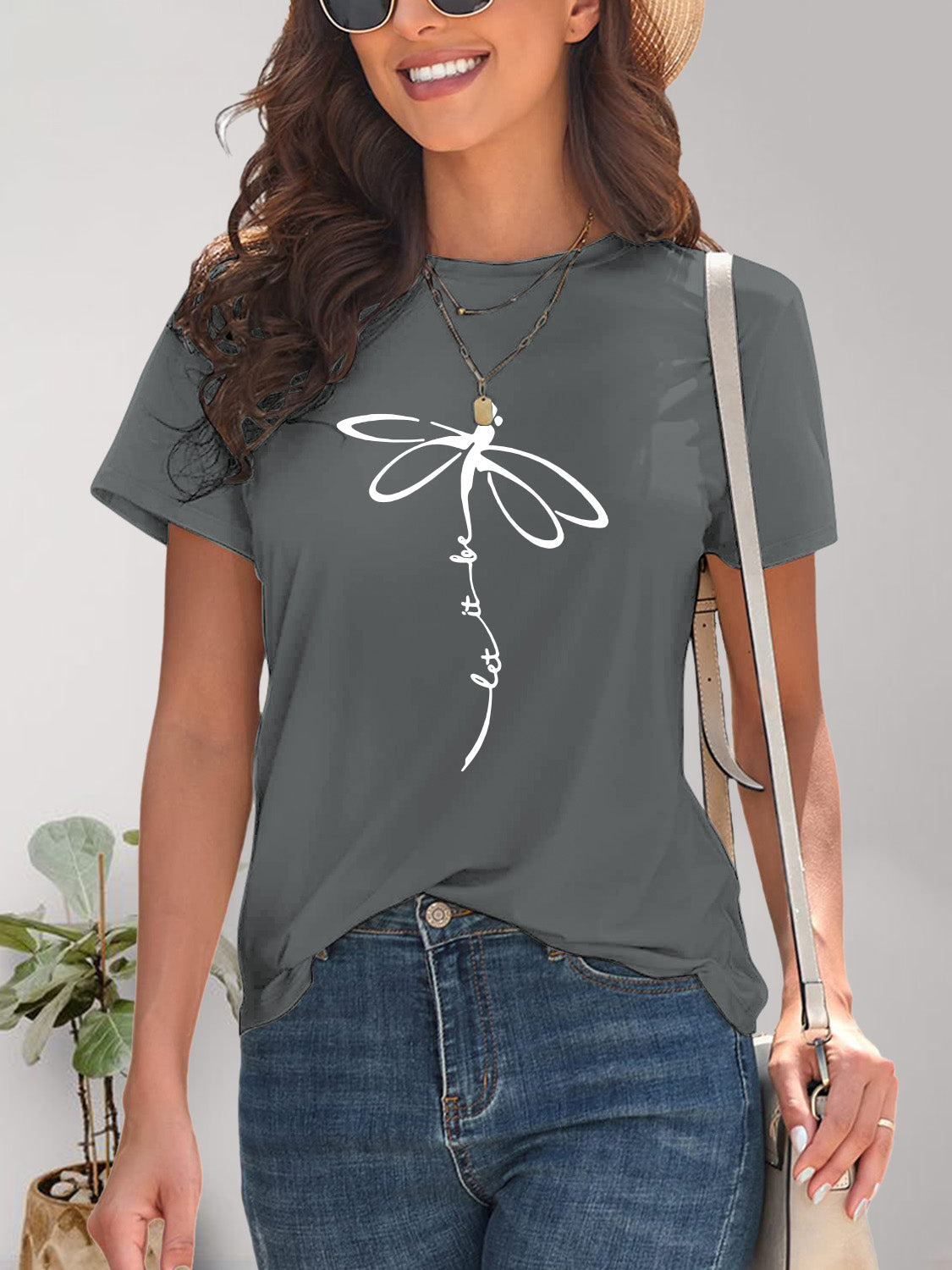 Dragonfly Graphic Round Neck Short Sleeve T-Shirt - LACEDUPED