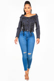 American Bazi Off Shoulder Lace Up Denim Jacket - LACEDUPED