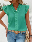 Ruffled V-Neck Cap Sleeve Blouse - LACEDUPED