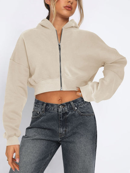 Zip Up Long Sleeve Hooded Cropped Jacket - LACEDUPED