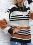 Contrast Striped Round Neck Long Sleeve Sweater - LACEDUPED