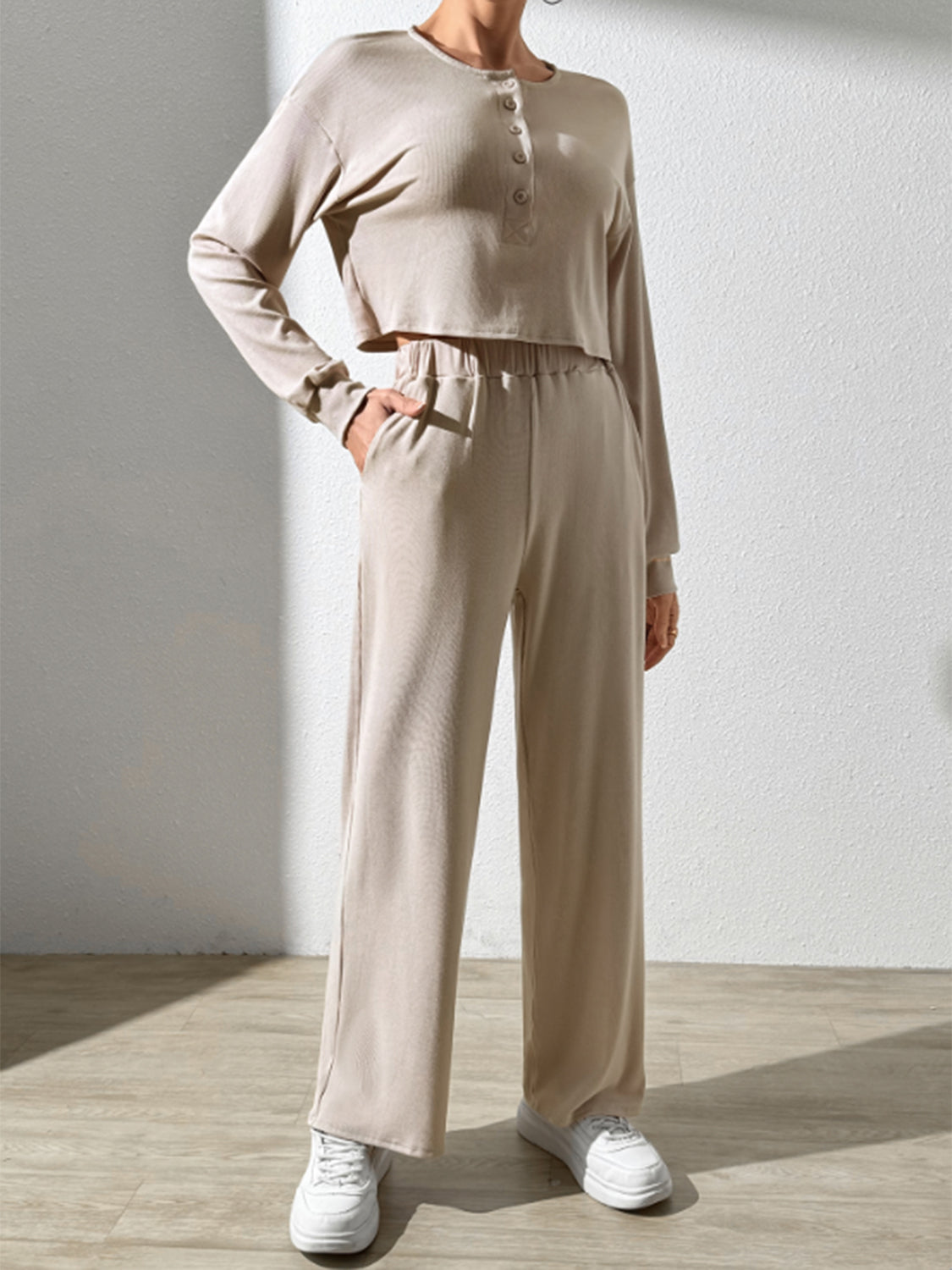 Half Button Long Sleeve Top and Pants Set - LACEDUPED