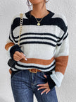 Contrast Striped Round Neck Long Sleeve Sweater - LACEDUPED