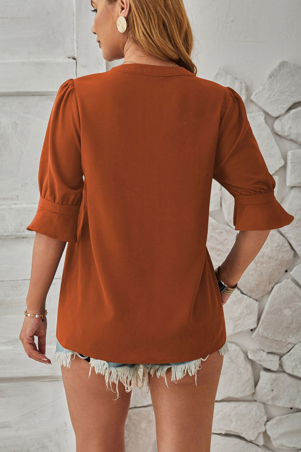 Notched Half Sleeve Blouse - LACEDUPED