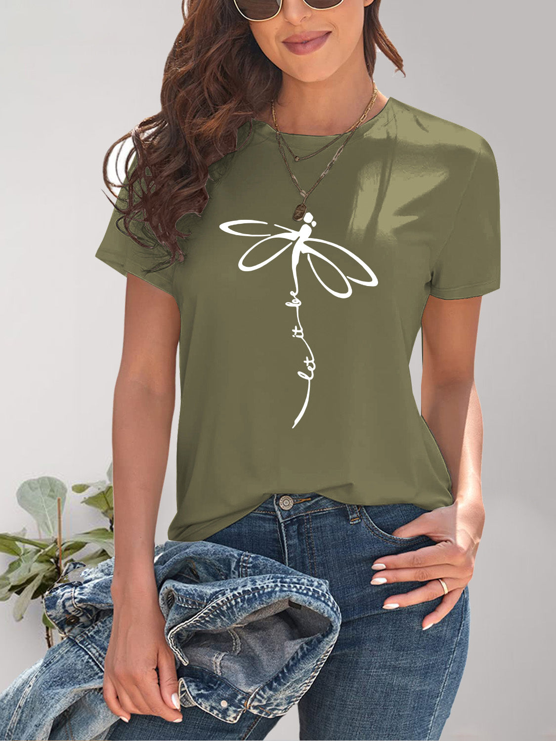 Dragonfly Graphic Round Neck Short Sleeve T-Shirt - LACEDUPED